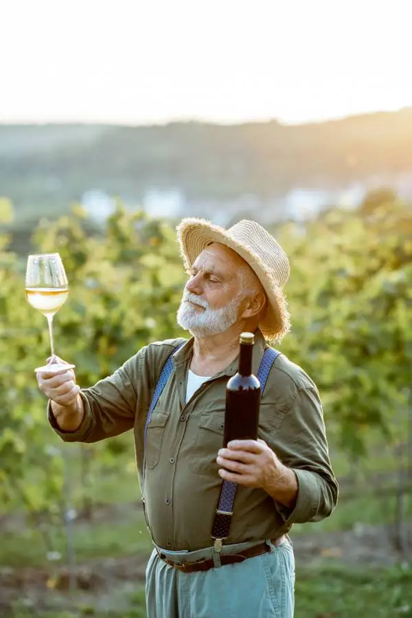 senior winemaker tasting wine on the vineyard