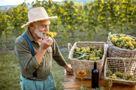 winemaker with wine and grapes on the vineyard