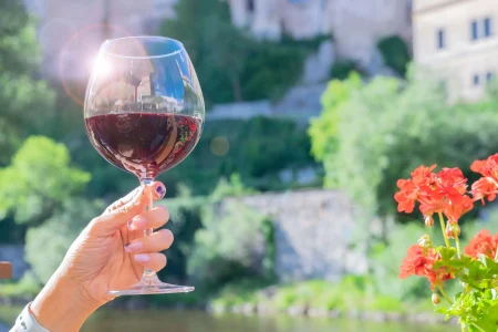 a glass of red wine in a female hand; how many calories in a bottle of red wine