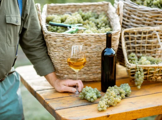 wine and grapes on the table outdoors