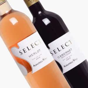 merlot rose 2014 select and cabernet sauvignon 2013 select; 12-bottle wine pack; labels close up