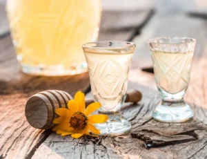 close up of sweet liqueur made of honey and alcohol