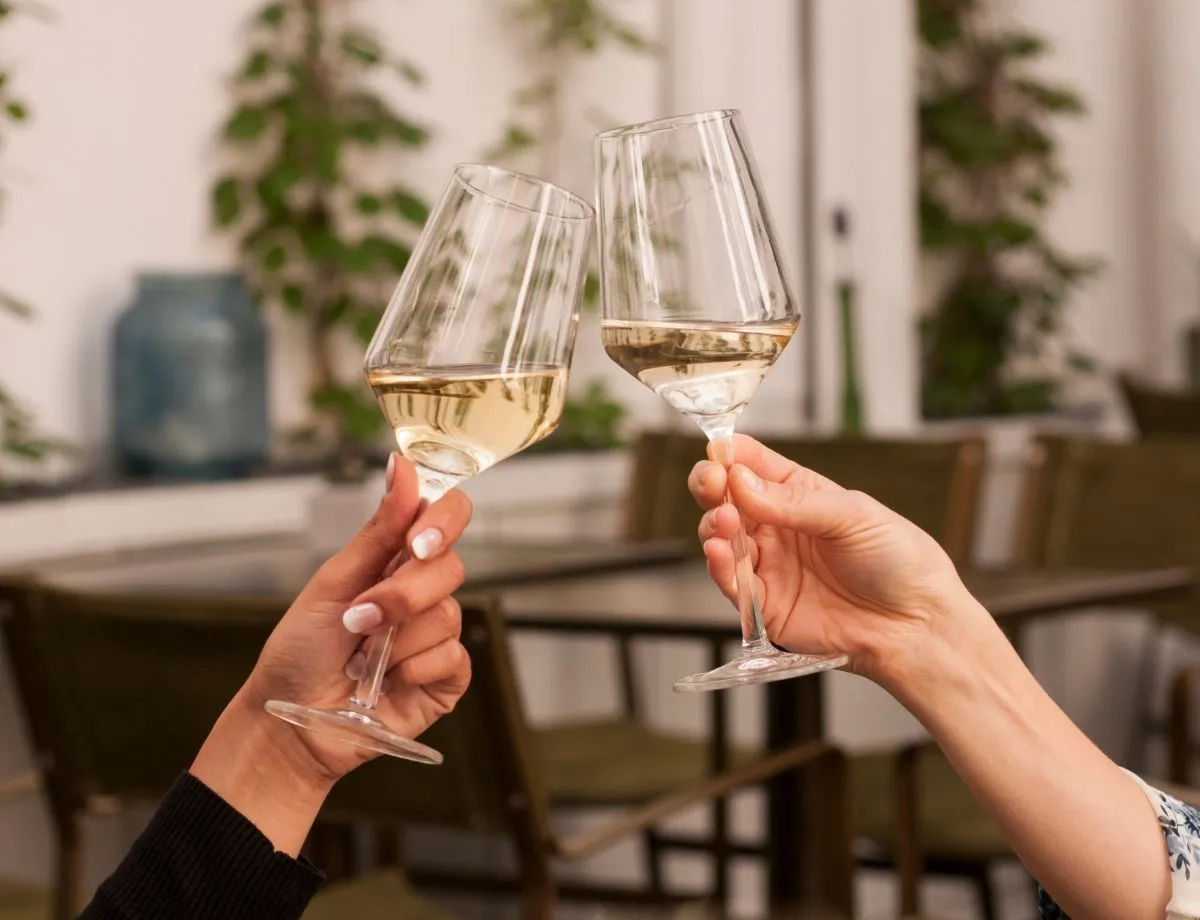 closeup of women hands toast with white wine