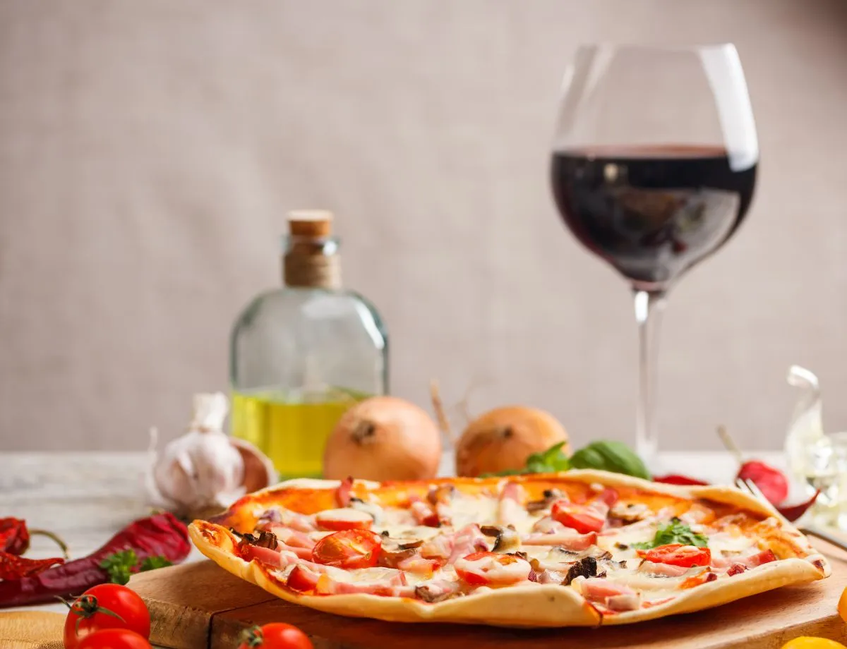 fresh pizza with red wine