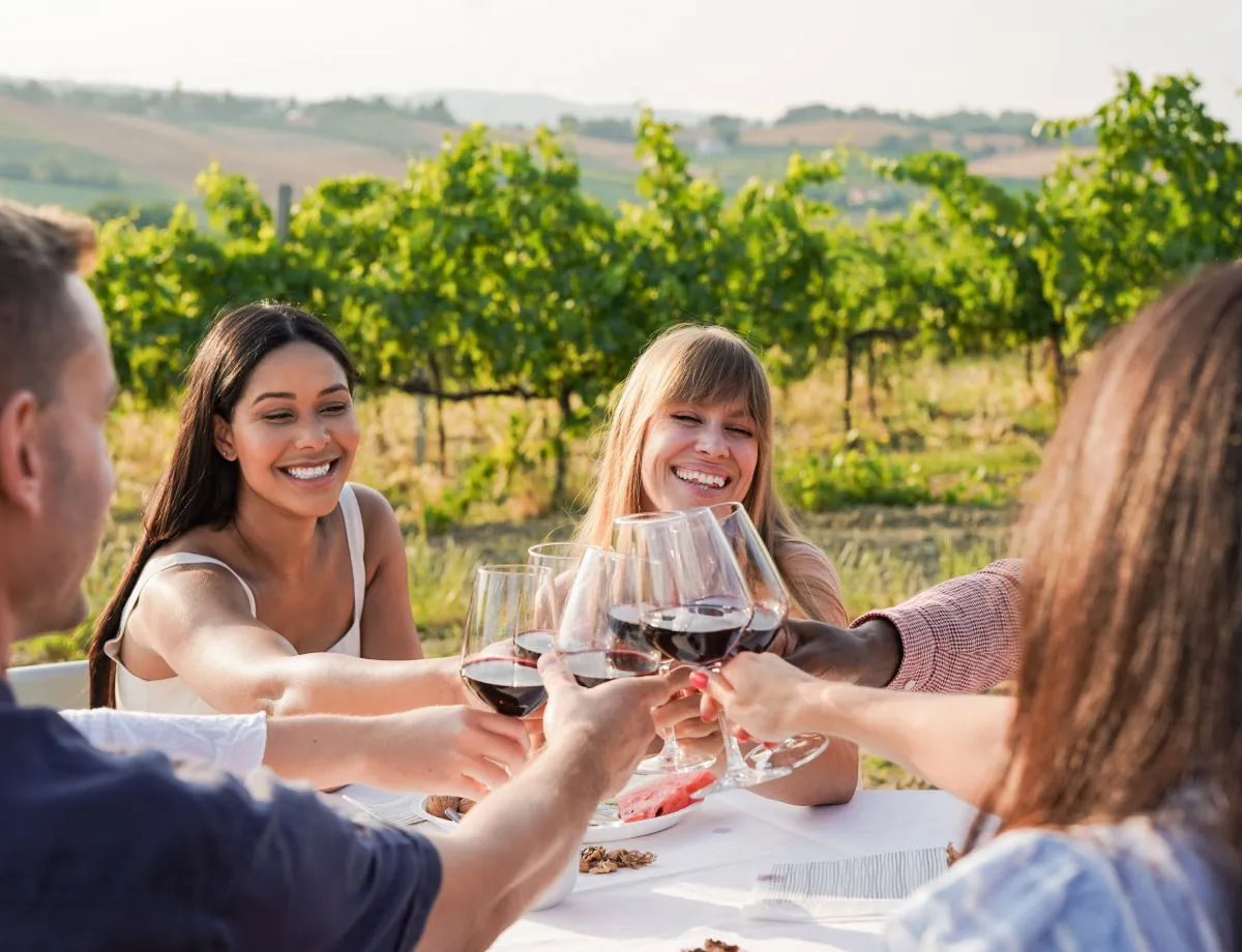 group of young multiracial people cheering with wine