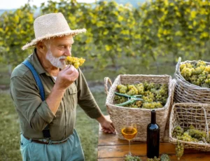 senior winemaker with wine and grapes on the vineyard