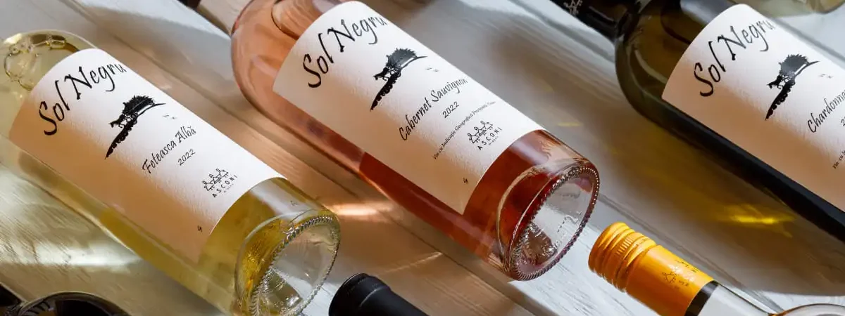 A collection of wine bottles from Asconi Winery displayed on a white wooden table. The bottles feature labels with the name "Sol Negru" and different grape varieties like Feteasca Alba, Cabernet Sauvignon, and Chardonnay