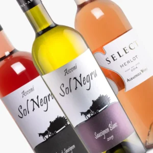 sauvignon blanc 2015 sol negru, cabernet sauvignon rose 2013 sol negru and merlot rose 2014 select; 6-bottle wine pack; labels close up