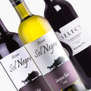 sauvignon blanc 2015 sol negru, pinot noir 2015 sol negru and cabernet sauvignon 2013 select; 6-bottle wine pack; labels close up