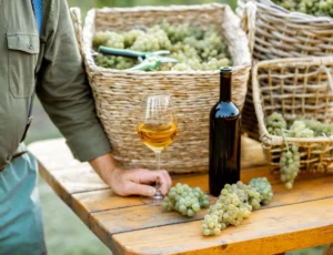 wine and grapes on the table outdoors