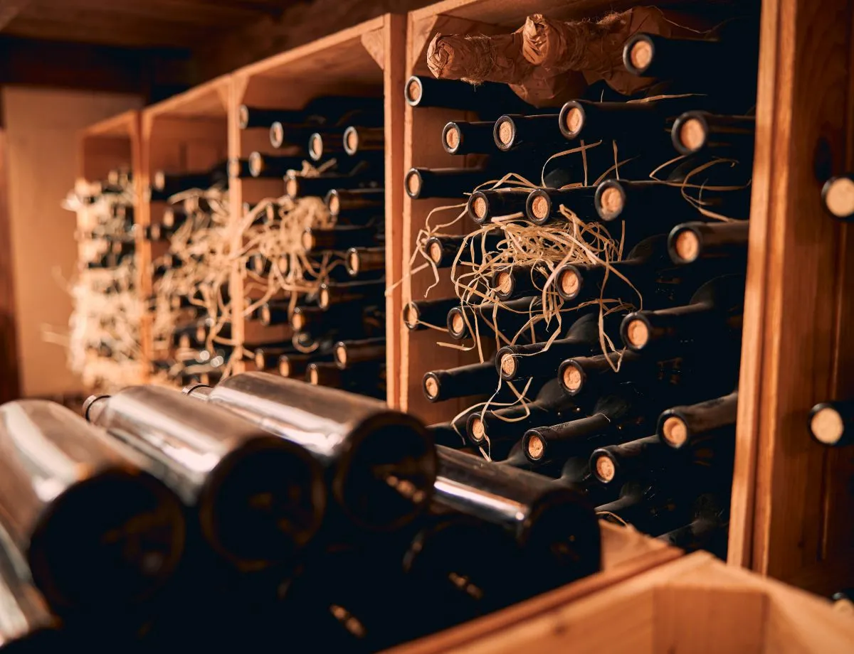 wooden racks with wine bottles in storage room